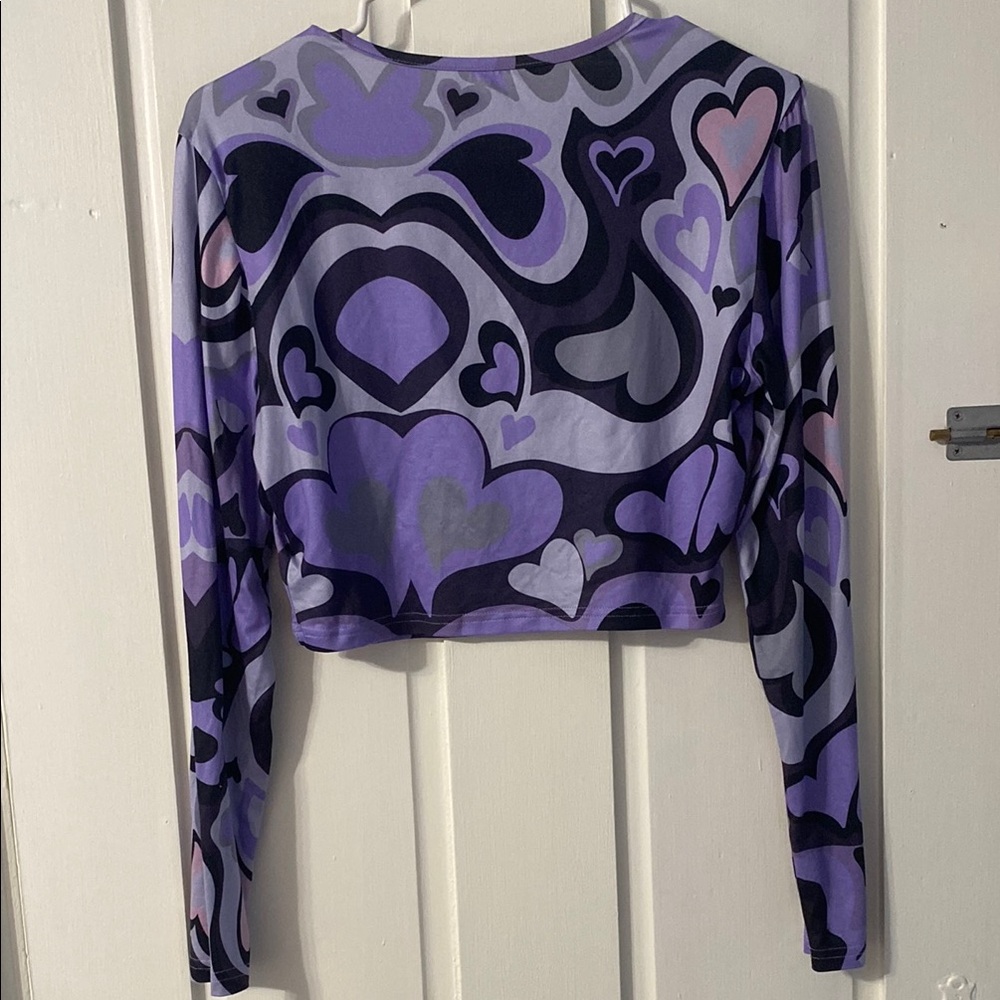 SHEIN Purple Patterned Long Sleeve Crop Top - Picture 4 of 6